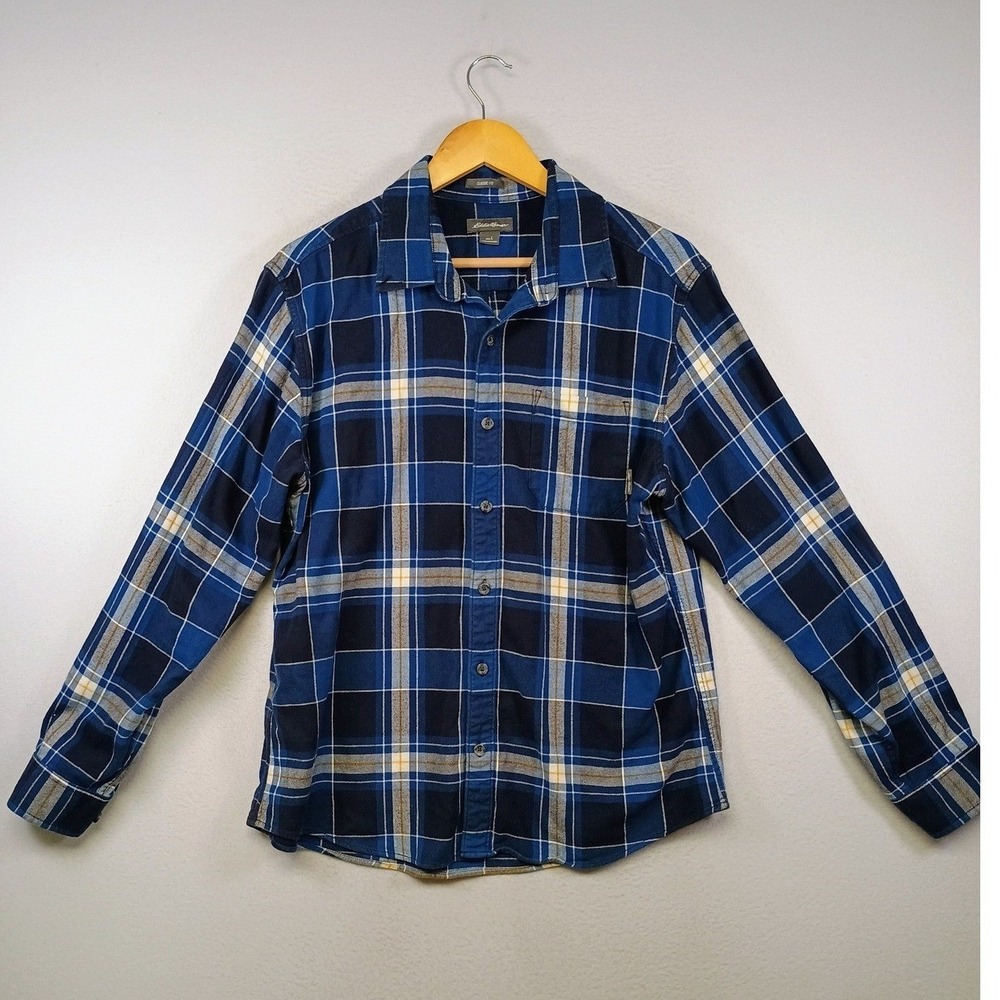 Outdoorsy Gorpcore Eddie Bauer Mens Large Blue Plaid Flannel Classic Fit Shirt